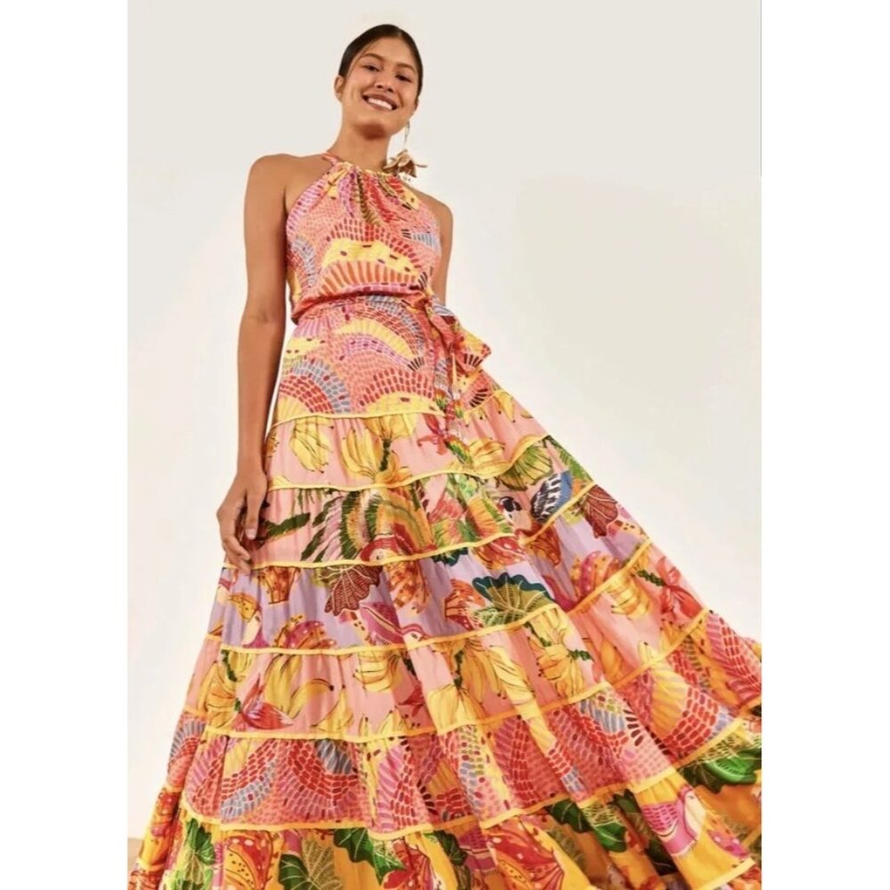 FARM Rio Maxi Dress XL Mixed Prints Floral Tiered Strappy Halter Pink - Picture 5 of 16